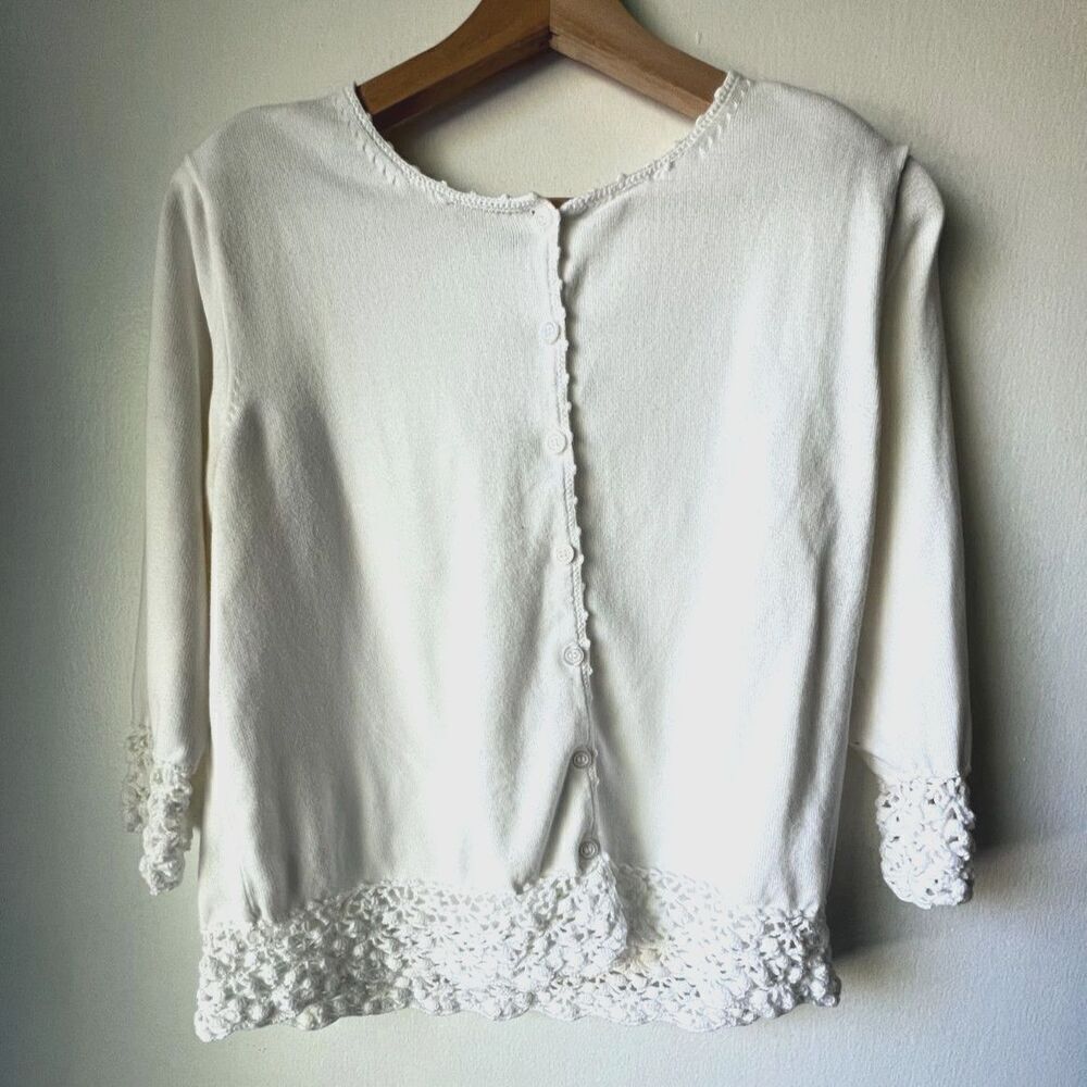 Womens Sweater top embroidered white casual front bottom cotton size L